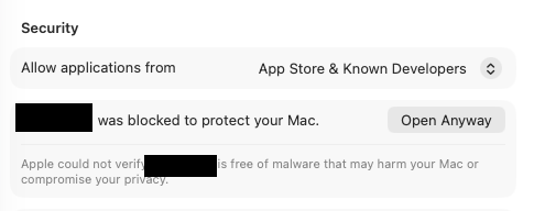 The Security rows in macOS Privacy and Security settings: an unsigned app blocked to protect the Mac, with the Open Anyway button beside it. The app's name is redacted.