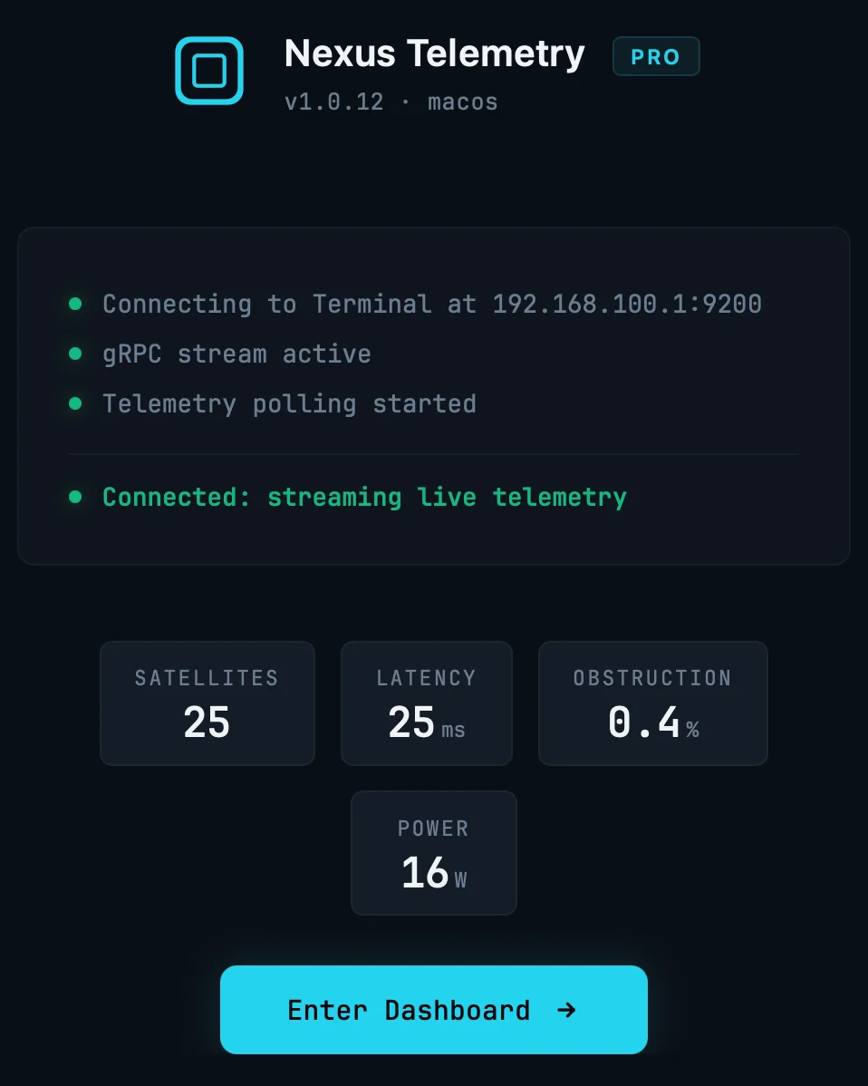 Nexus Telemetry Pro під час першого запуску на macOS, підключений до антени й передає телеметрію в реальному часі.