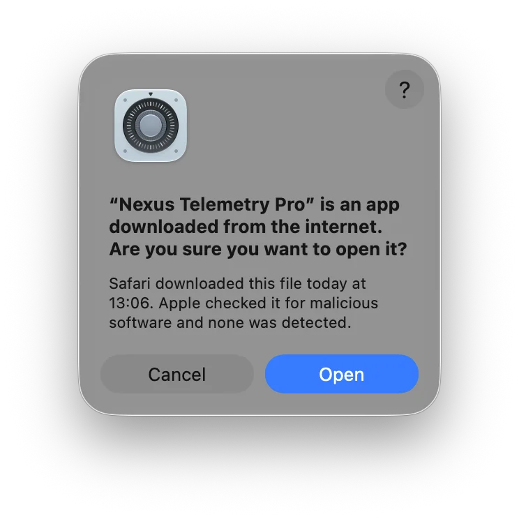Запит macOS щодо застосунку, завантаженого з інтернету, у якому сказано, що Apple перевірила його на шкідливе програмне забезпечення і нічого не виявила.