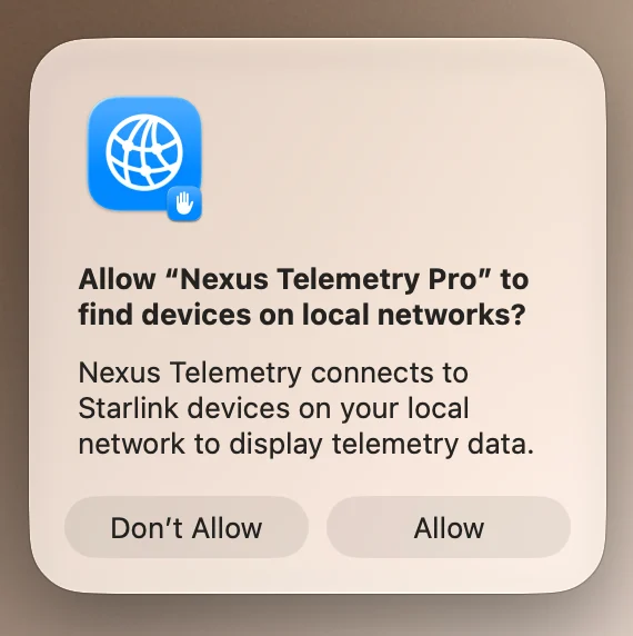 Запит macOS на дозвіл для Nexus Telemetry Pro знаходити пристрої в локальних мережах.