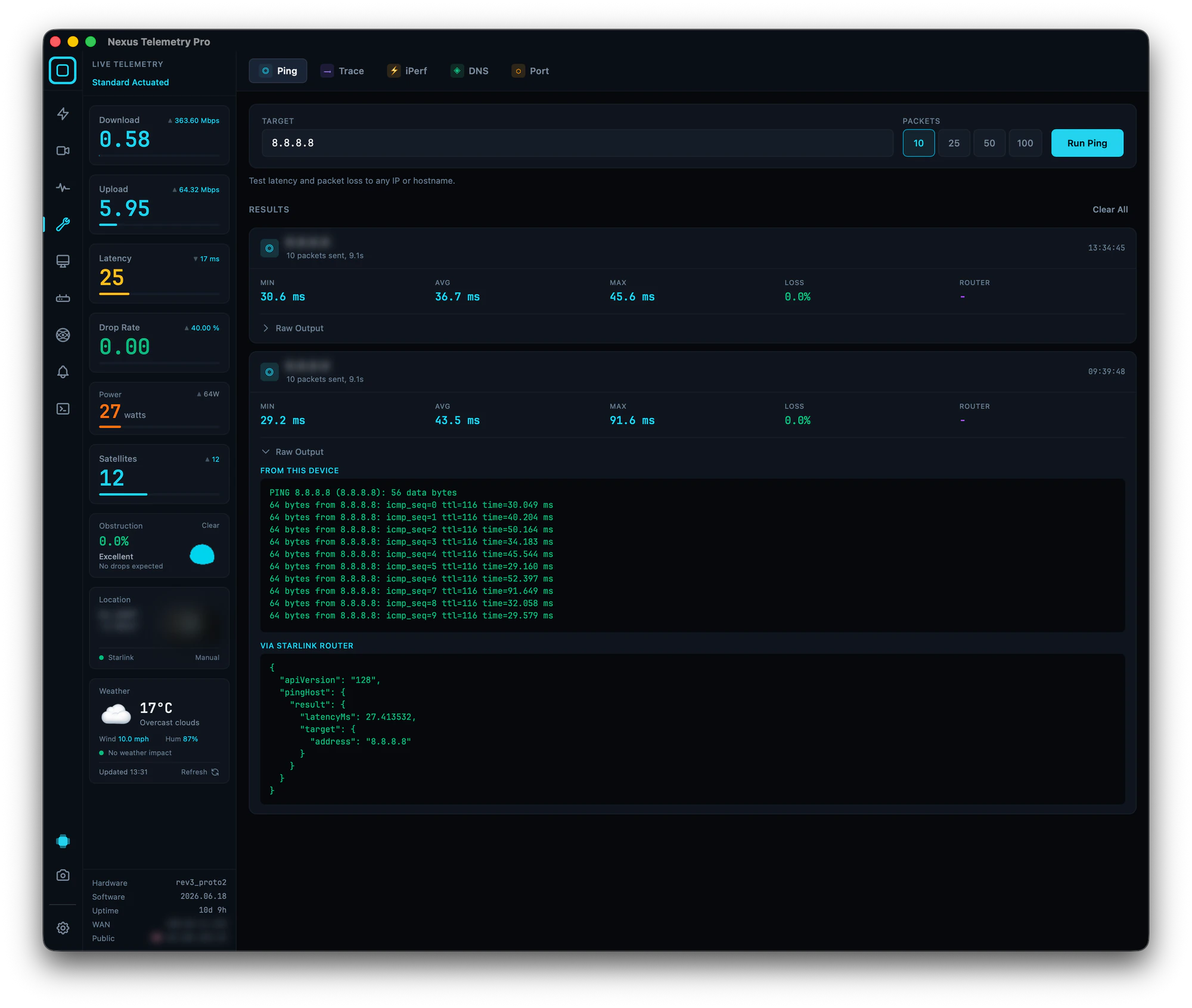 Ping diagnostics in Nexus Telemetry Pro showing results from this device and via the Starlink router side by side