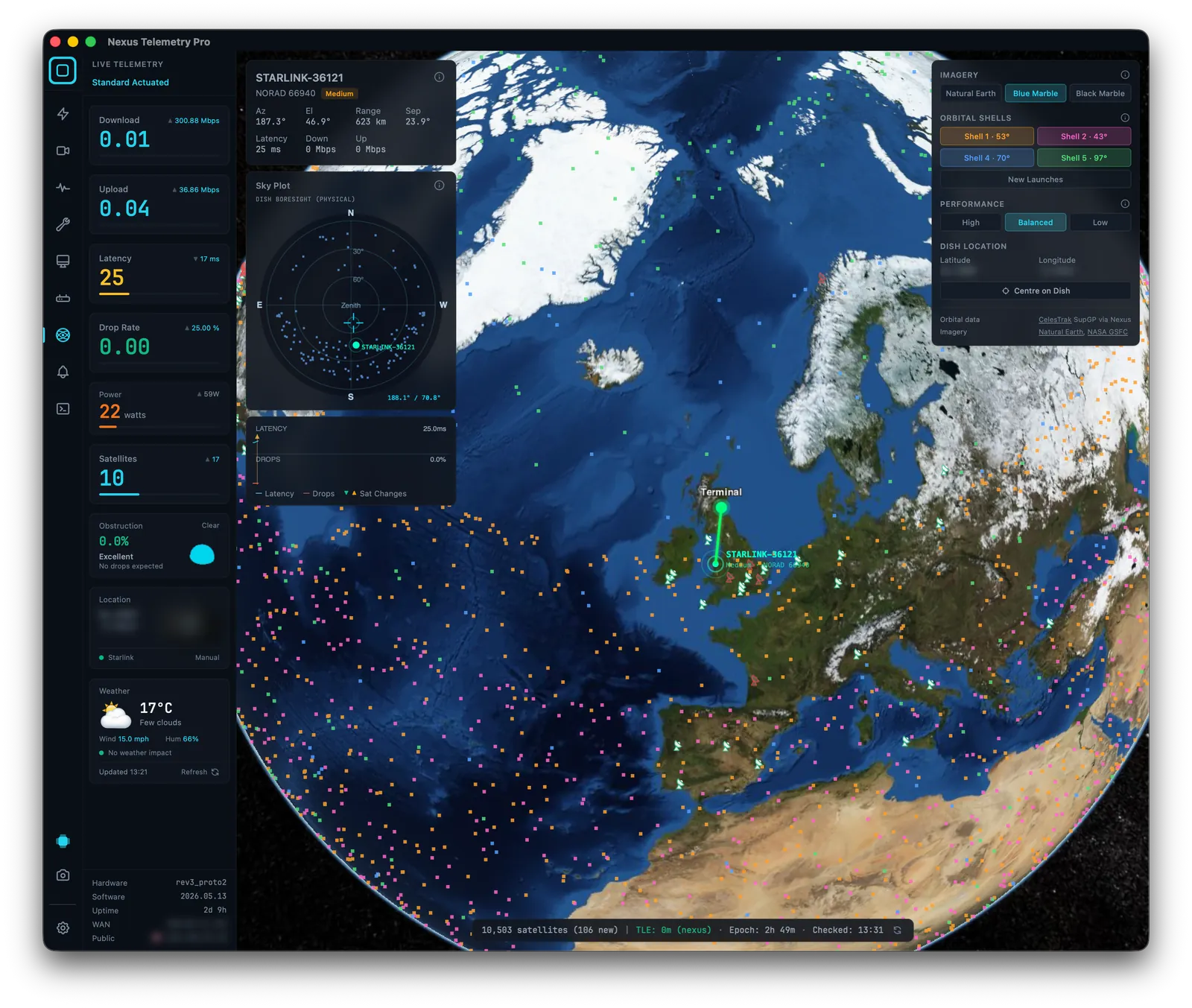 Nexus Telemetry view estimating which Starlink satellite the dish is connected to