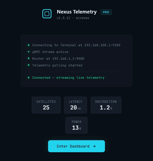Nexus Telemetry Pro під час першого запуску на Windows, підключений до антени й передає телеметрію в реальному часі.
