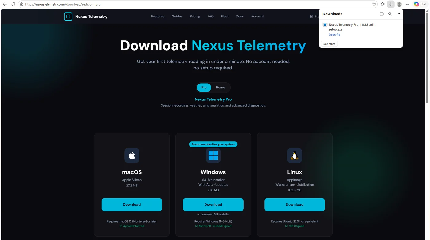 Сторінка завантаження Nexus Telemetry у Microsoft Edge із завантаженим інсталятором для Windows на панелі завантажень і карткою Windows з позначкою Microsoft Trusted Signed.