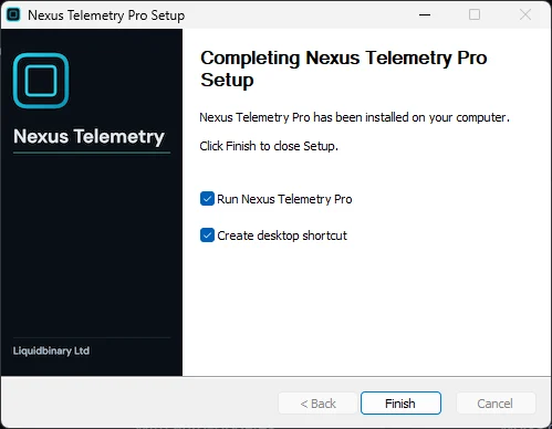 Останній крок інсталятора з позначеними Run Nexus Telemetry Pro і Create desktop shortcut.